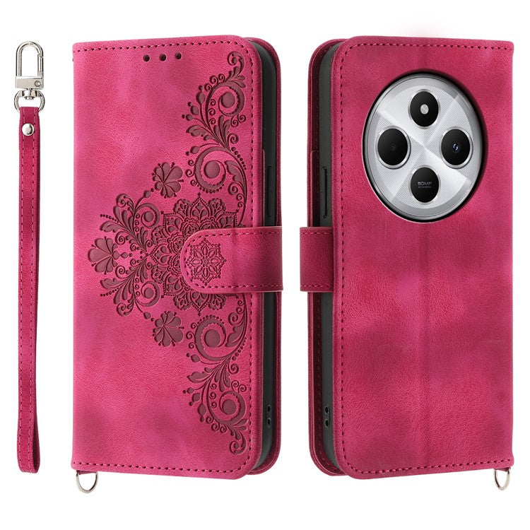 Wallet Case For Xiaomi Poco C75 4G / Redmi 14R 5G / 14C 4G Flower Pattern PU Leather Phone Cover with Strap - Wine Red