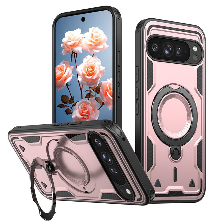 For Google Pixel 9 Pro / Pixel 9 Case Compatible with MagSafe Military Protection PC+TPU Kickstand Phone Cover - Rose Gold