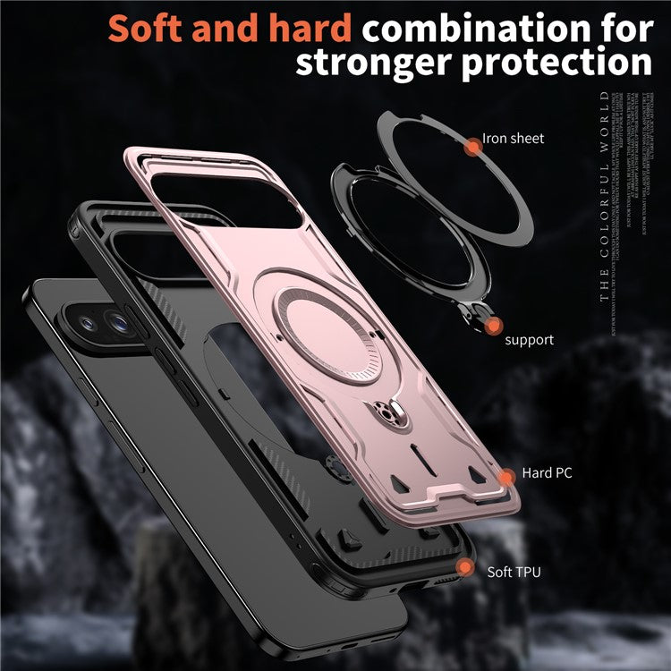 For Google Pixel 9 Pro / Pixel 9 Case Compatible with MagSafe Military Protection PC+TPU Kickstand Phone Cover - Rose Gold