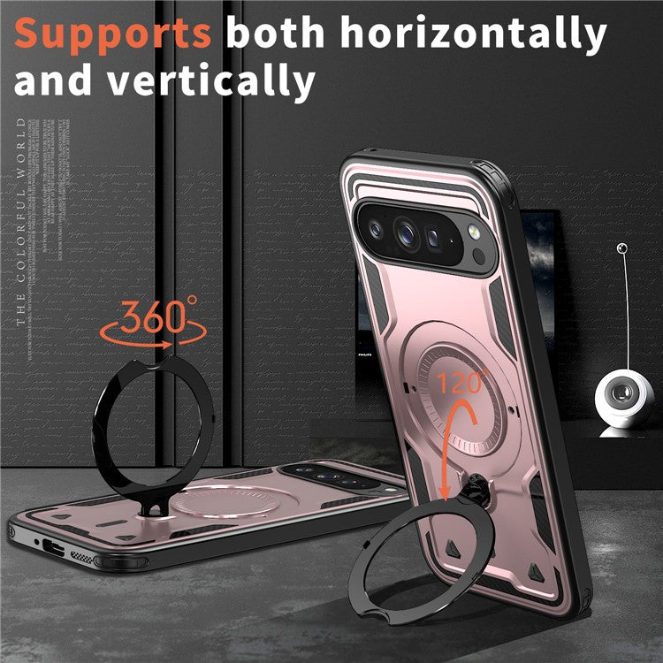 For Google Pixel 9 Pro / Pixel 9 Case Compatible with MagSafe Military Protection PC+TPU Kickstand Phone Cover - Rose Gold