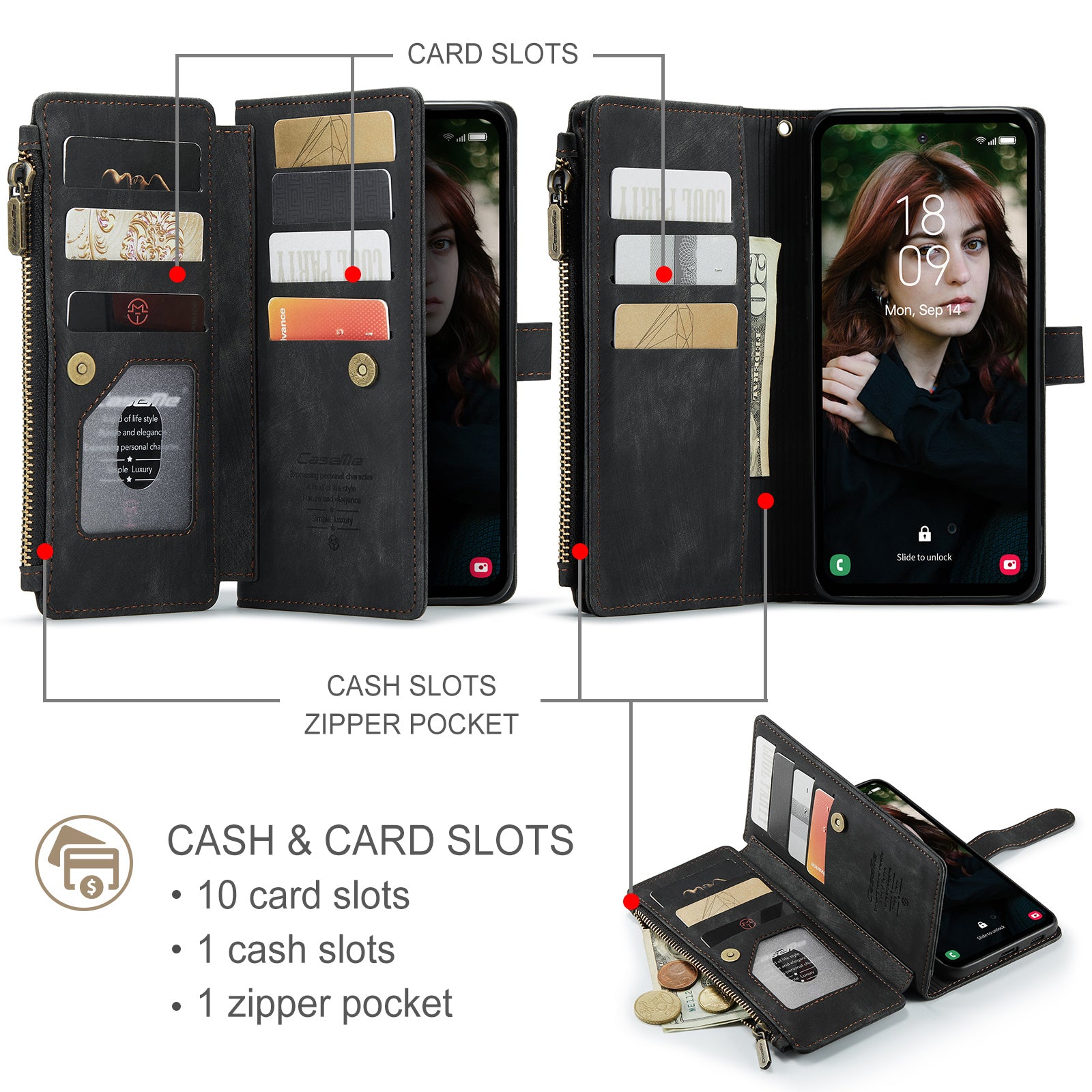 For Samsung Galaxy S24 FE Case CASEME C30 Series PU Leather 10 Card Slots Wallet Phone Cover - Black