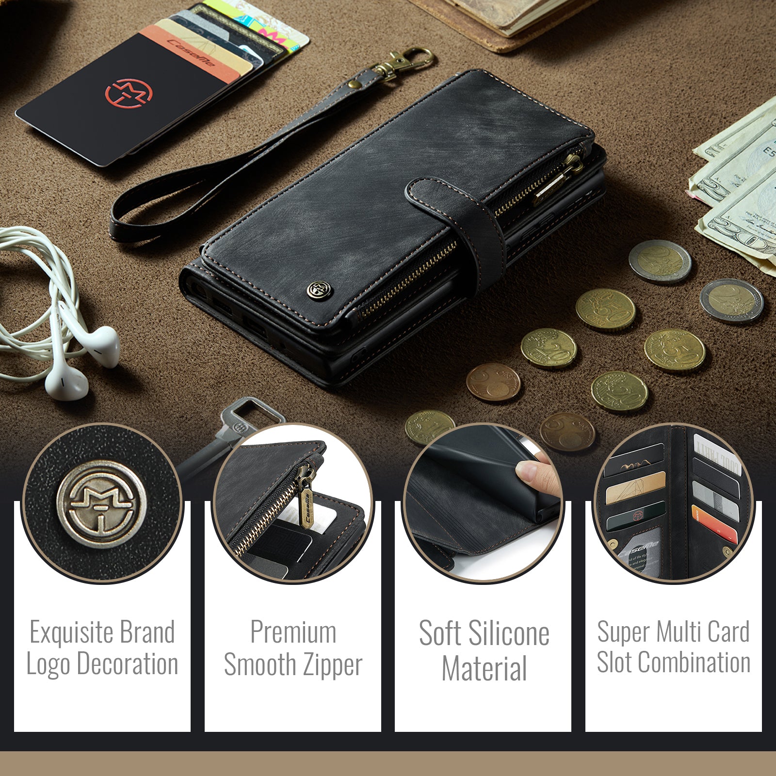 For Samsung Galaxy S24 FE Case CASEME C30 Series PU Leather 10 Card Slots Wallet Phone Cover - Black