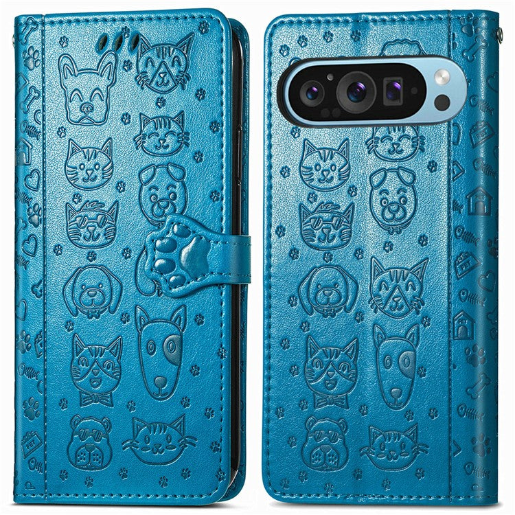 For Google Pixel 9 / Pixel 9 Pro Case Leather Wallet Flip Phone Cover Cute Cat Dog Pattern - Blue