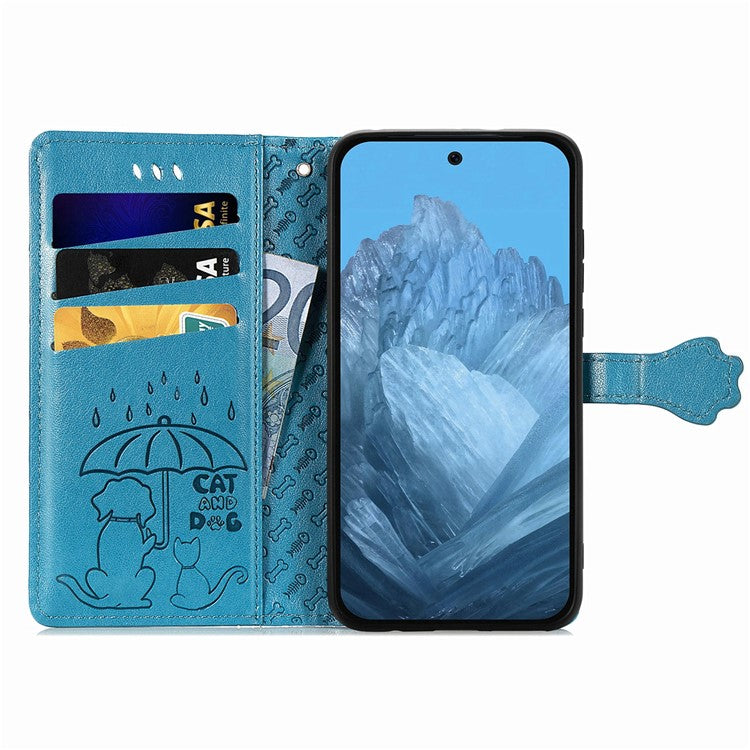 For Google Pixel 9 / Pixel 9 Pro Case Leather Wallet Flip Phone Cover Cute Cat Dog Pattern - Blue