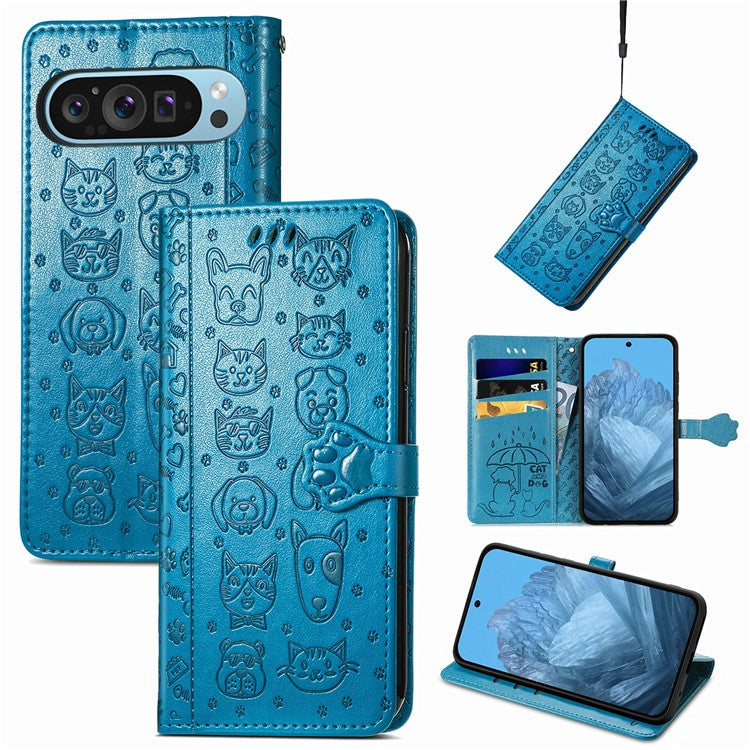 For Google Pixel 9 / Pixel 9 Pro Case Leather Wallet Flip Phone Cover Cute Cat Dog Pattern - Blue