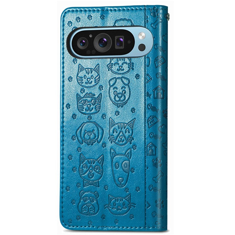 For Google Pixel 9 / Pixel 9 Pro Case Leather Wallet Flip Phone Cover Cute Cat Dog Pattern - Blue