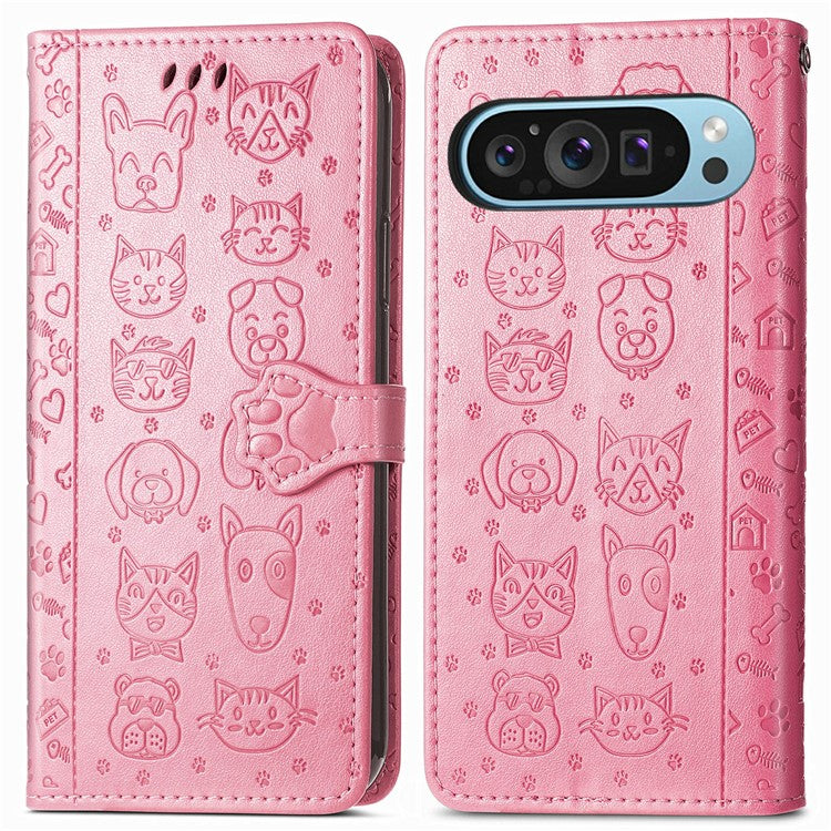 For Google Pixel 9 / Pixel 9 Pro Case Leather Wallet Flip Phone Cover Cute Cat Dog Pattern - Pink