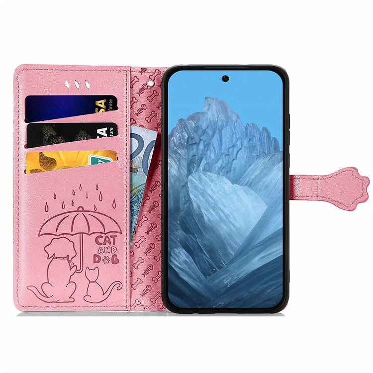 For Google Pixel 9 / Pixel 9 Pro Case Leather Wallet Flip Phone Cover Cute Cat Dog Pattern - Pink