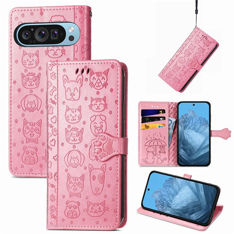 For Google Pixel 9 / Pixel 9 Pro Case Leather Wallet Flip Phone Cover Cute Cat Dog Pattern - Pink