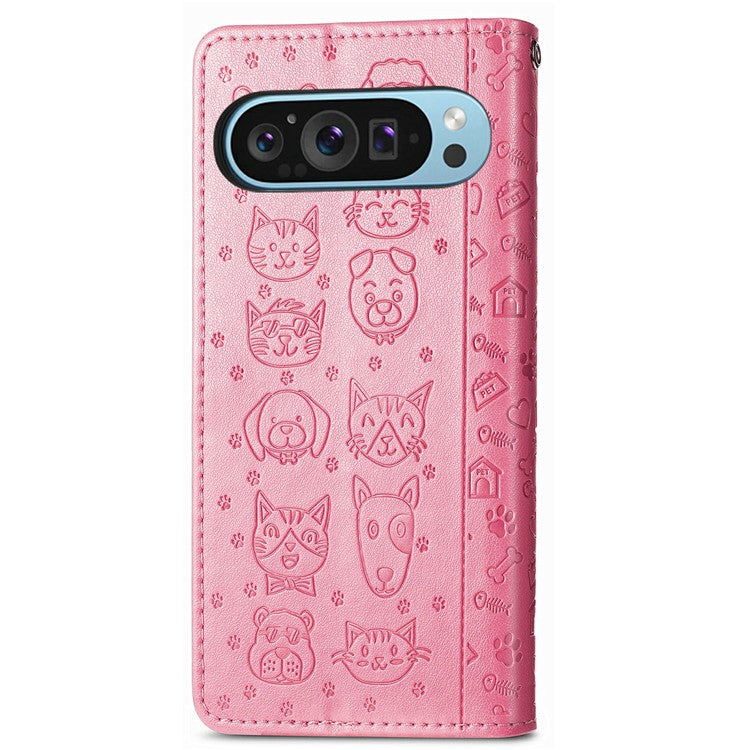 For Google Pixel 9 / Pixel 9 Pro Case Leather Wallet Flip Phone Cover Cute Cat Dog Pattern - Pink