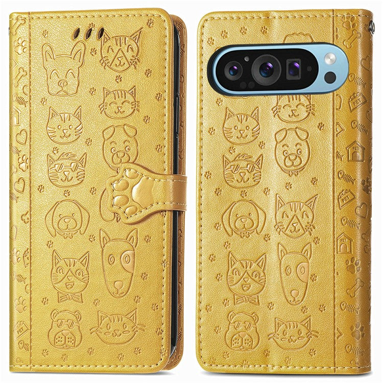 For Google Pixel 9 / Pixel 9 Pro Case Leather Wallet Flip Phone Cover Cute Cat Dog Pattern - Yellow