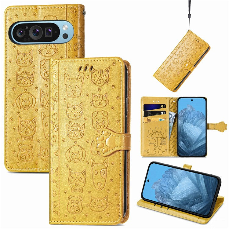 For Google Pixel 9 / Pixel 9 Pro Case Leather Wallet Flip Phone Cover Cute Cat Dog Pattern - Yellow