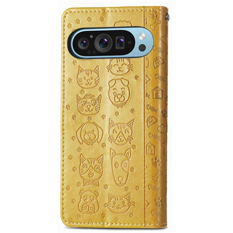 For Google Pixel 9 / Pixel 9 Pro Case Leather Wallet Flip Phone Cover Cute Cat Dog Pattern - Yellow