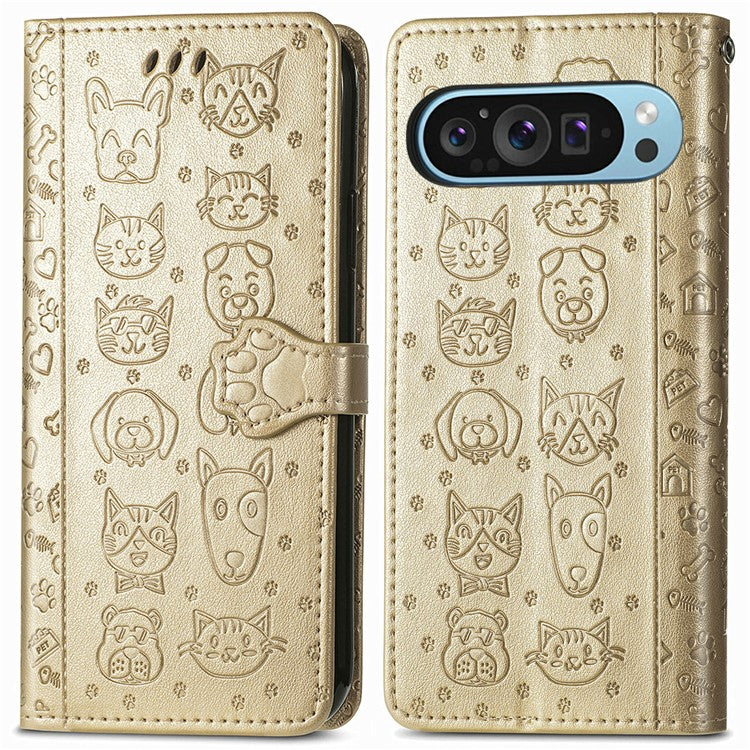 For Google Pixel 9 / Pixel 9 Pro Case Leather Wallet Flip Phone Cover Cute Cat Dog Pattern - Gold