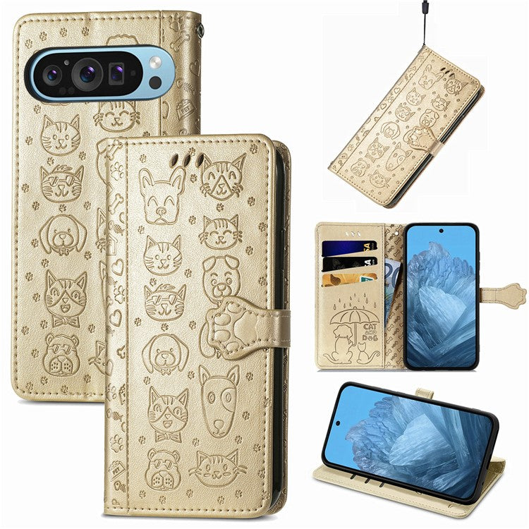 For Google Pixel 9 / Pixel 9 Pro Case Leather Wallet Flip Phone Cover Cute Cat Dog Pattern - Gold