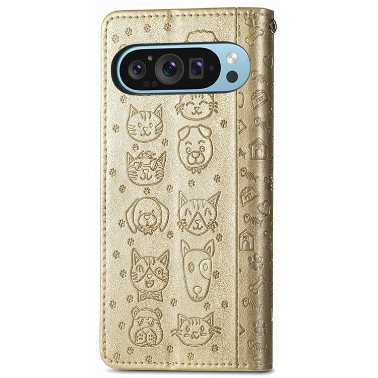 For Google Pixel 9 / Pixel 9 Pro Case Leather Wallet Flip Phone Cover Cute Cat Dog Pattern - Gold