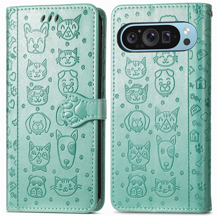 For Google Pixel 9 / Pixel 9 Pro Case Leather Wallet Flip Phone Cover Cute Cat Dog Pattern - Green