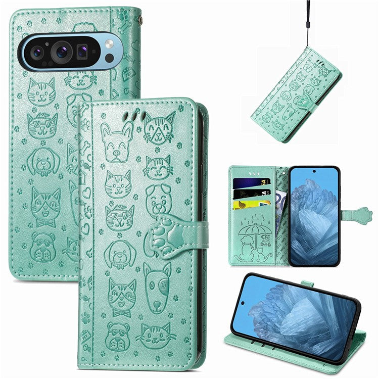 For Google Pixel 9 / Pixel 9 Pro Case Leather Wallet Flip Phone Cover Cute Cat Dog Pattern - Green