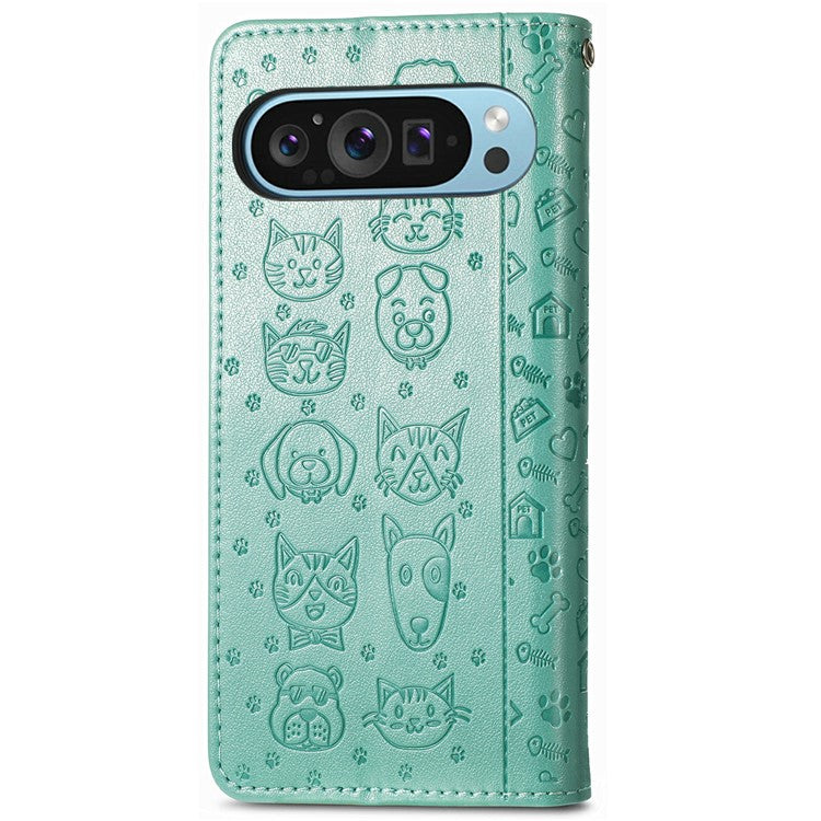 For Google Pixel 9 / Pixel 9 Pro Case Leather Wallet Flip Phone Cover Cute Cat Dog Pattern - Green