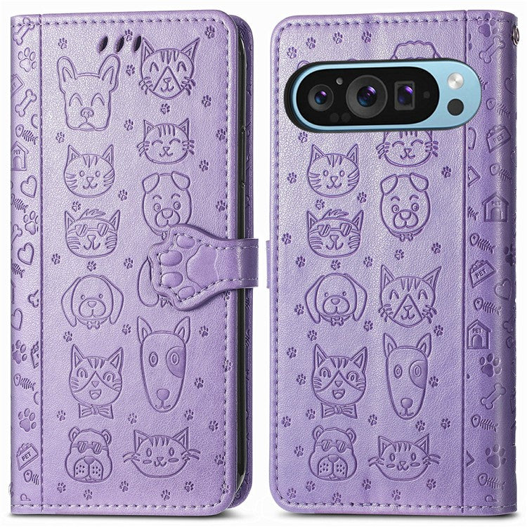 For Google Pixel 9 / Pixel 9 Pro Case Leather Wallet Flip Phone Cover Cute Cat Dog Pattern - Light Purple