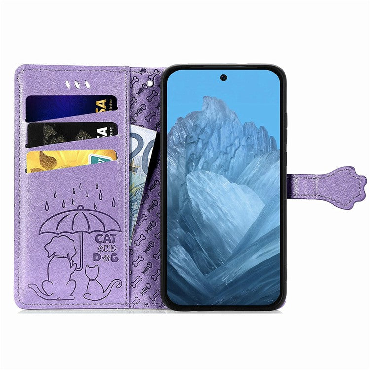 For Google Pixel 9 / Pixel 9 Pro Case Leather Wallet Flip Phone Cover Cute Cat Dog Pattern - Light Purple