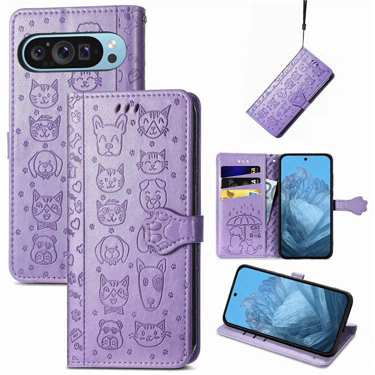 For Google Pixel 9 / Pixel 9 Pro Case Leather Wallet Flip Phone Cover Cute Cat Dog Pattern - Light Purple