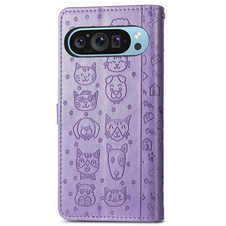 For Google Pixel 9 / Pixel 9 Pro Case Leather Wallet Flip Phone Cover Cute Cat Dog Pattern - Light Purple