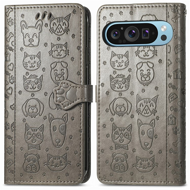 For Google Pixel 9 / Pixel 9 Pro Case Leather Wallet Flip Phone Cover Cute Cat Dog Pattern - Grey