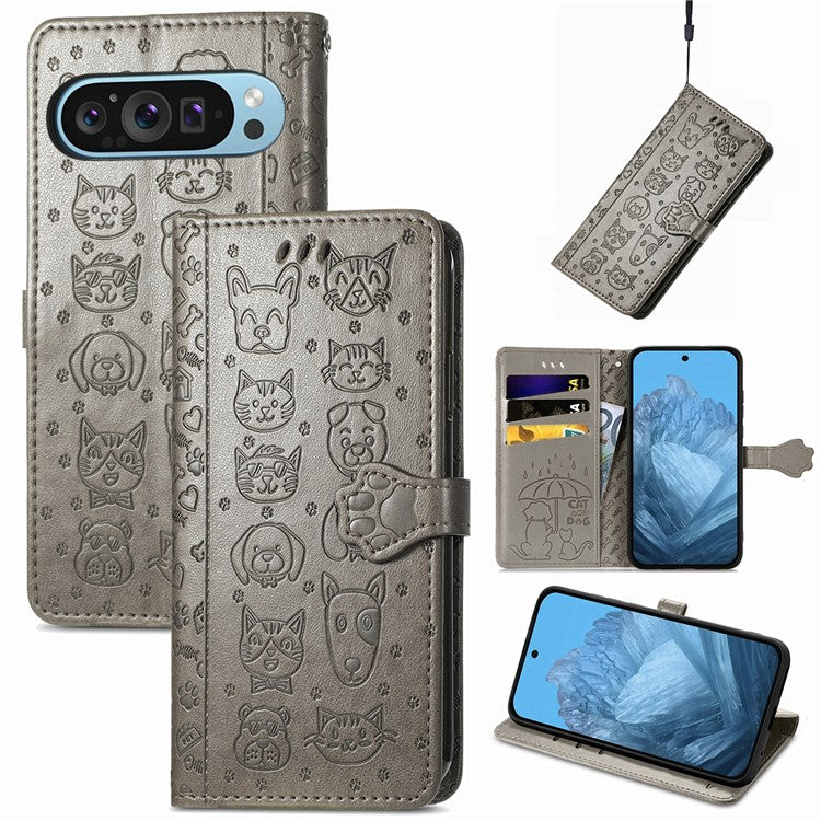 For Google Pixel 9 / Pixel 9 Pro Case Leather Wallet Flip Phone Cover Cute Cat Dog Pattern - Grey