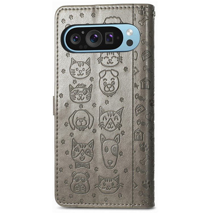 For Google Pixel 9 / Pixel 9 Pro Case Leather Wallet Flip Phone Cover Cute Cat Dog Pattern - Grey