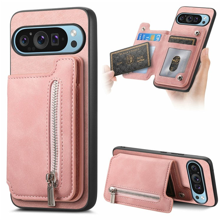 For Google Pixel 9 / Pixel 9 Pro Case Magnetic Detachable Zipper Card Holder Leather+TPU Phone Cover - Pink