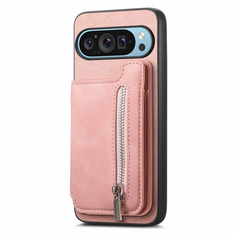 For Google Pixel 9 / Pixel 9 Pro Case Magnetic Detachable Zipper Card Holder Leather+TPU Phone Cover - Pink