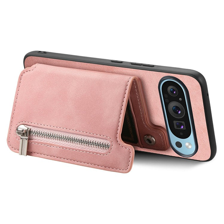 For Google Pixel 9 / Pixel 9 Pro Case Magnetic Detachable Zipper Card Holder Leather+TPU Phone Cover - Pink