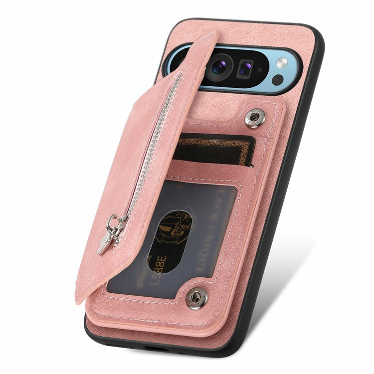 For Google Pixel 9 / Pixel 9 Pro Case Magnetic Detachable Zipper Card Holder Leather+TPU Phone Cover - Pink