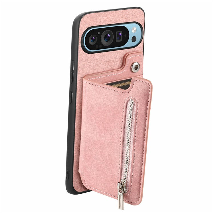 For Google Pixel 9 / Pixel 9 Pro Case Magnetic Detachable Zipper Card Holder Leather+TPU Phone Cover - Pink