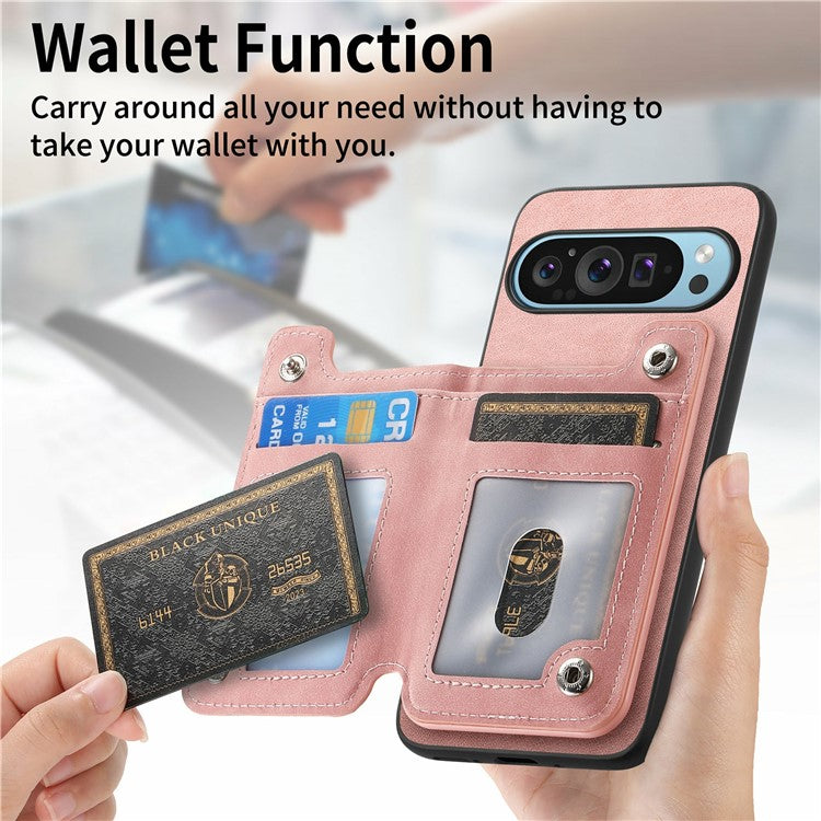 For Google Pixel 9 / Pixel 9 Pro Case Magnetic Detachable Zipper Card Holder Leather+TPU Phone Cover - Pink