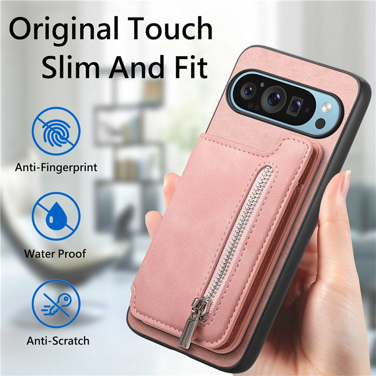 For Google Pixel 9 / Pixel 9 Pro Case Magnetic Detachable Zipper Card Holder Leather+TPU Phone Cover - Pink