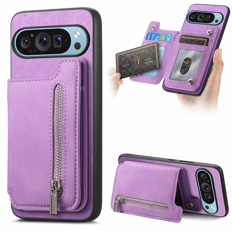 For Google Pixel 9 / Pixel 9 Pro Case Magnetic Detachable Zipper Card Holder Leather+TPU Phone Cover - Purple