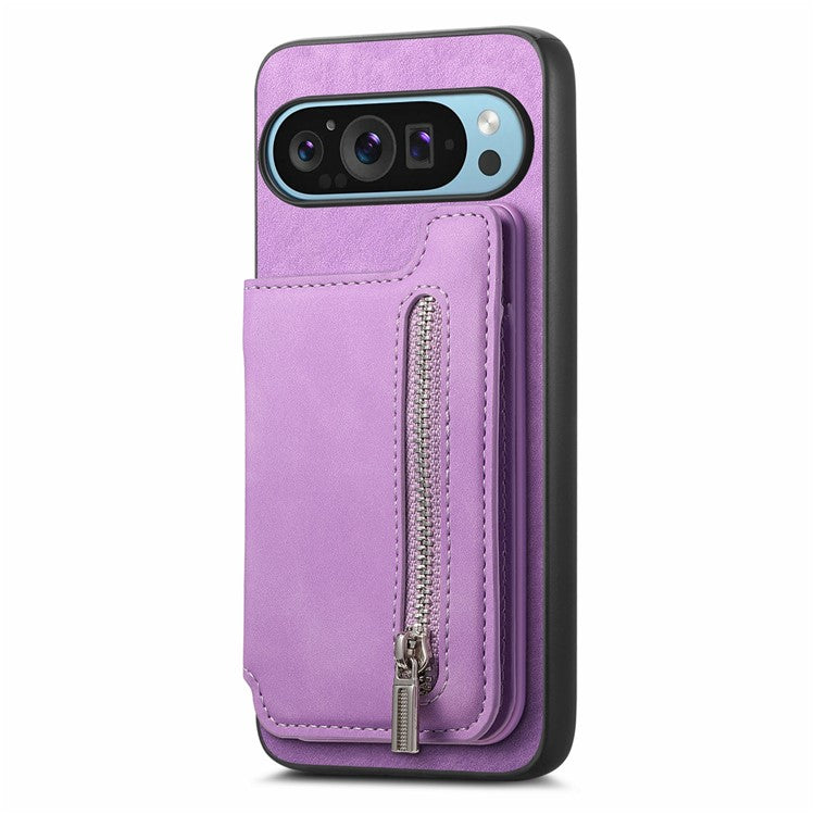 For Google Pixel 9 / Pixel 9 Pro Case Magnetic Detachable Zipper Card Holder Leather+TPU Phone Cover - Purple