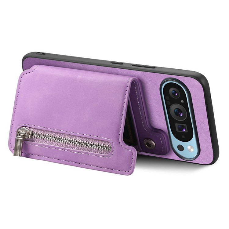 For Google Pixel 9 / Pixel 9 Pro Case Magnetic Detachable Zipper Card Holder Leather+TPU Phone Cover - Purple