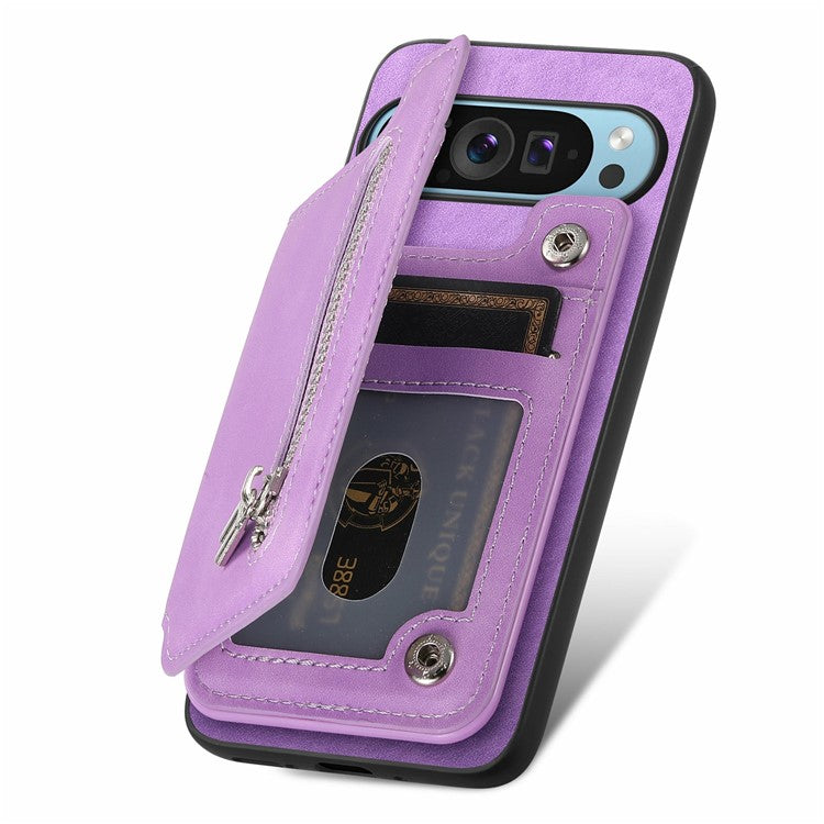 For Google Pixel 9 / Pixel 9 Pro Case Magnetic Detachable Zipper Card Holder Leather+TPU Phone Cover - Purple