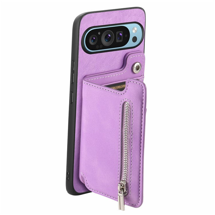 For Google Pixel 9 / Pixel 9 Pro Case Magnetic Detachable Zipper Card Holder Leather+TPU Phone Cover - Purple