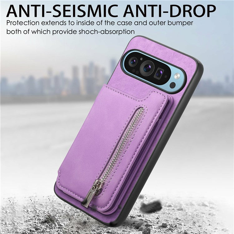 For Google Pixel 9 / Pixel 9 Pro Case Magnetic Detachable Zipper Card Holder Leather+TPU Phone Cover - Purple