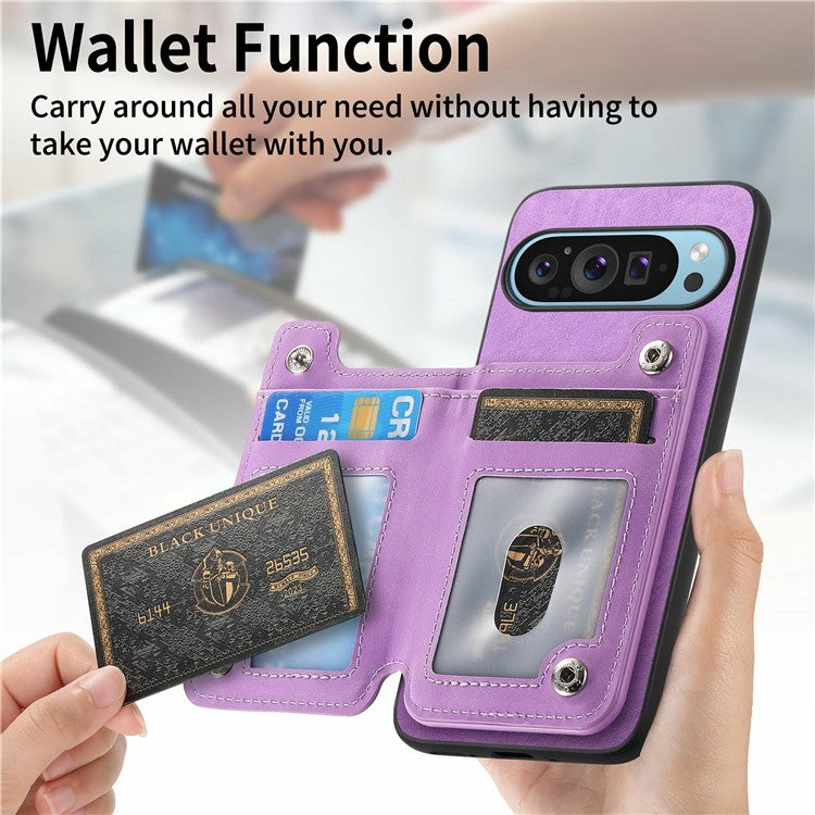 For Google Pixel 9 / Pixel 9 Pro Case Magnetic Detachable Zipper Card Holder Leather+TPU Phone Cover - Purple