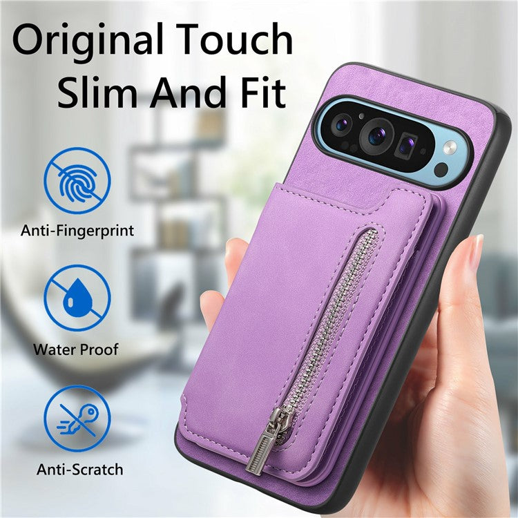 For Google Pixel 9 / Pixel 9 Pro Case Magnetic Detachable Zipper Card Holder Leather+TPU Phone Cover - Purple