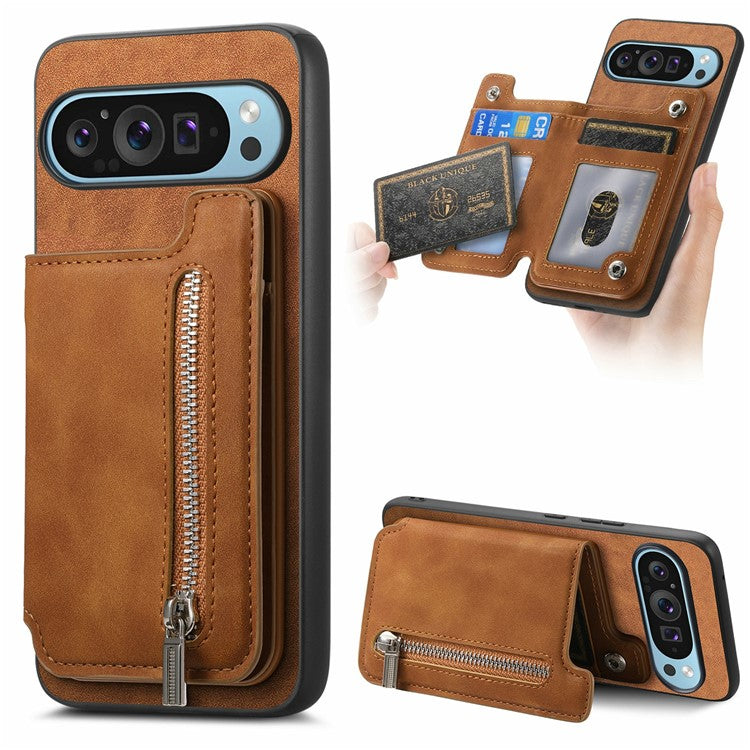 For Google Pixel 9 / Pixel 9 Pro Case Magnetic Detachable Zipper Card Holder Leather+TPU Phone Cover - Brown