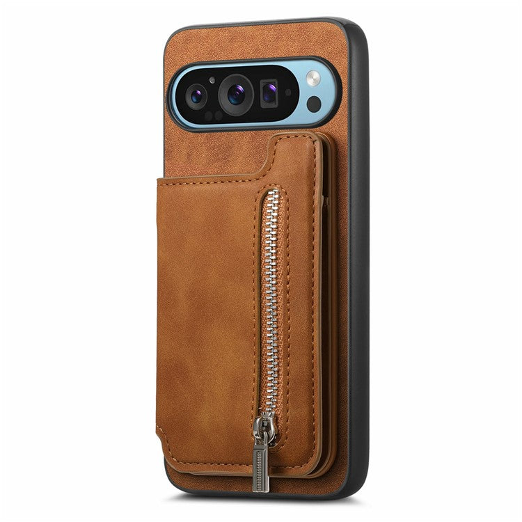 For Google Pixel 9 / Pixel 9 Pro Case Magnetic Detachable Zipper Card Holder Leather+TPU Phone Cover - Brown