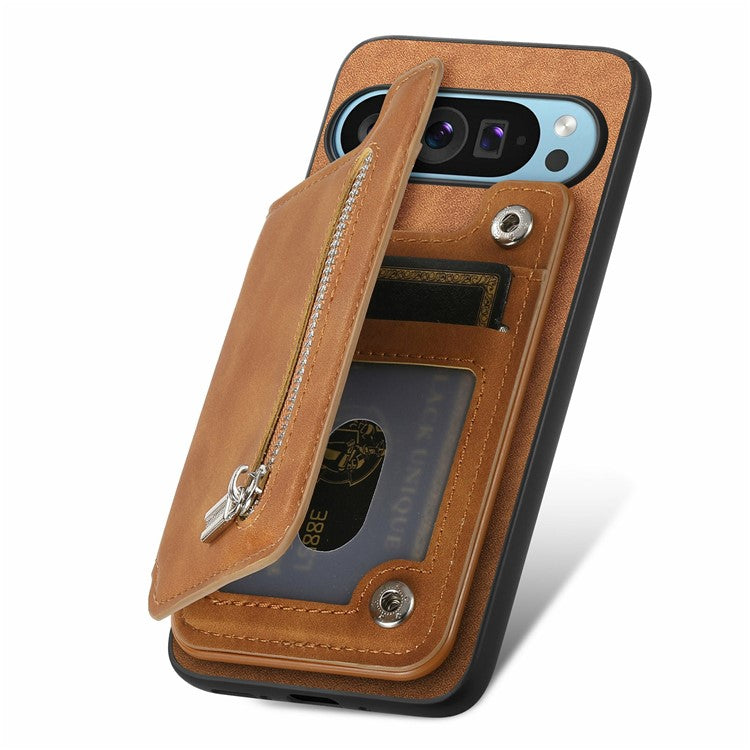 For Google Pixel 9 / Pixel 9 Pro Case Magnetic Detachable Zipper Card Holder Leather+TPU Phone Cover - Brown