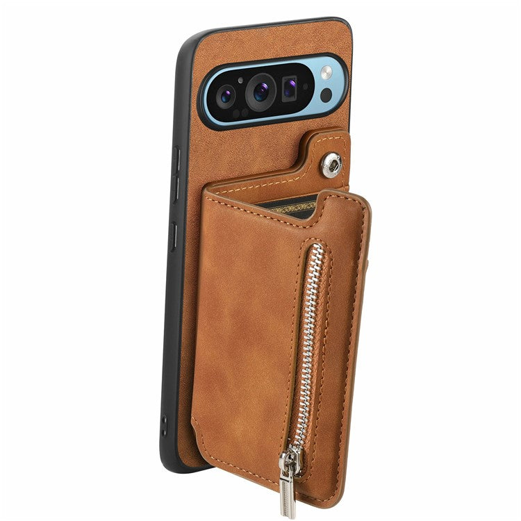 For Google Pixel 9 / Pixel 9 Pro Case Magnetic Detachable Zipper Card Holder Leather+TPU Phone Cover - Brown