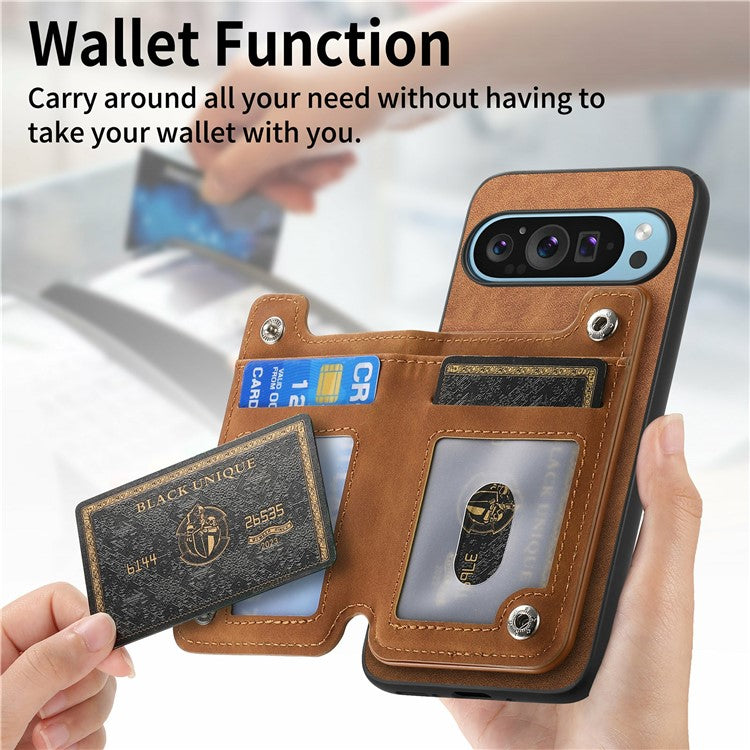 For Google Pixel 9 / Pixel 9 Pro Case Magnetic Detachable Zipper Card Holder Leather+TPU Phone Cover - Brown